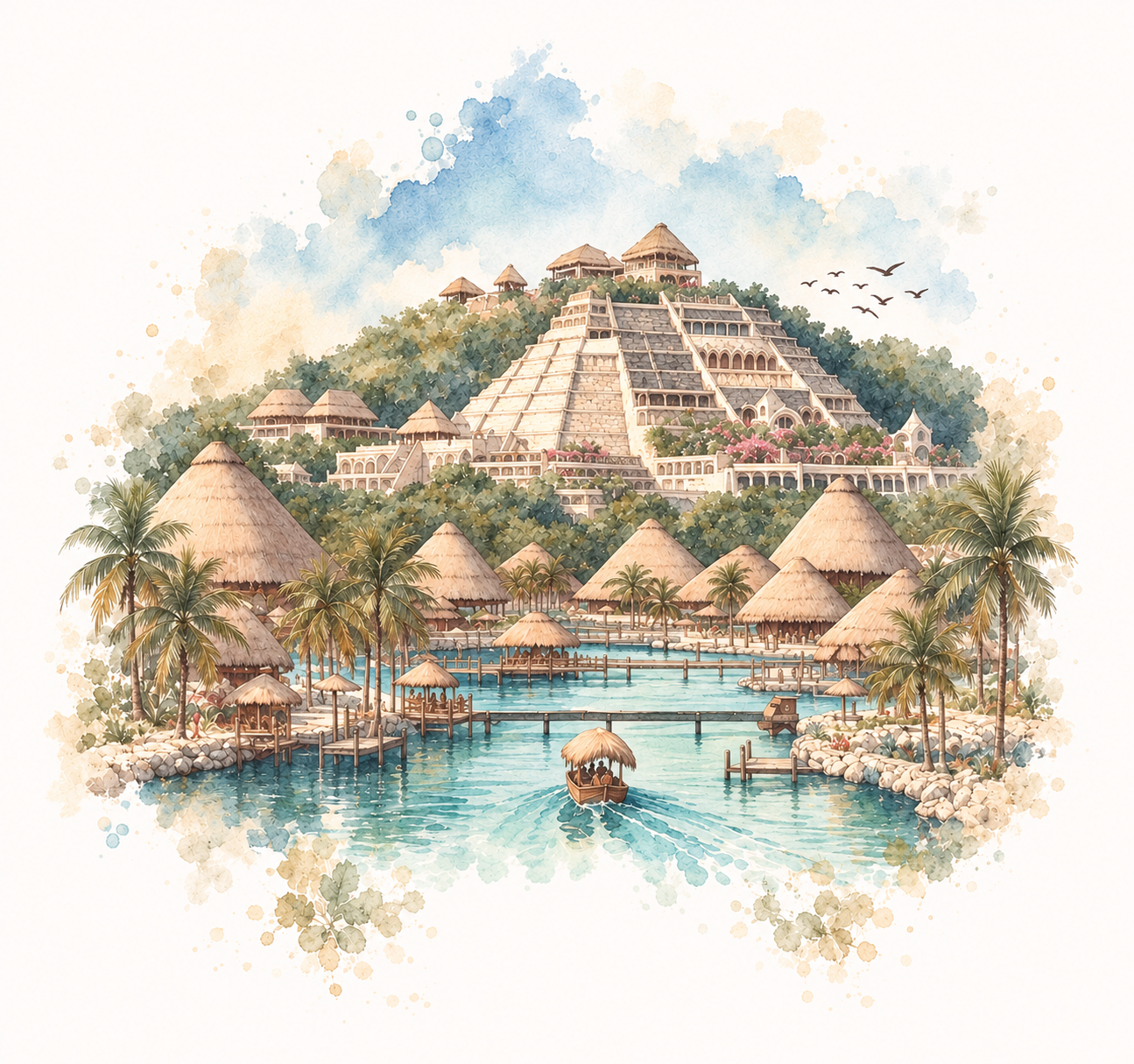 Watercolor of Hotel Xcaret Mexico and its pyramid
