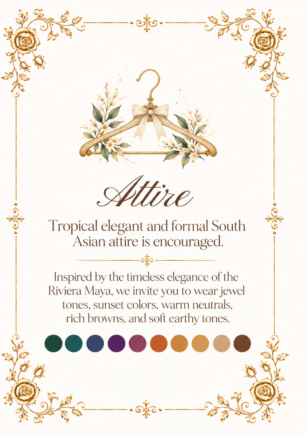 Wedding attire guide with tropical elegant and formal South Asian attire and jewel tone palette