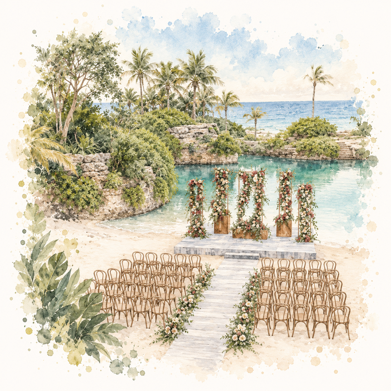 Watercolor of the seaside reception setting